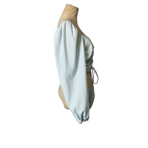 Vestique Blue White Checkered Pattern Long Sleeves Ruched Crop Top size M - Picture 14 of 16